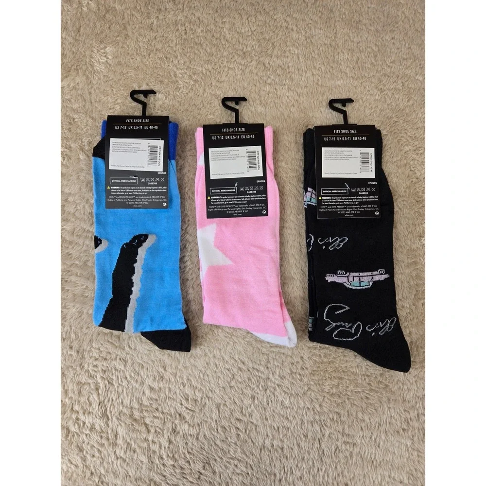 Elvis Presley Crew Socks 3 Pack Blue Pink Black Cadillac Signature Mens 7-12 NEW
